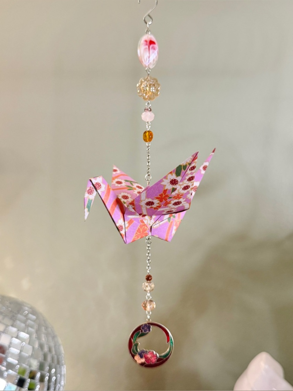 Origami Ornament #2527 - Large Crane with Repurposed Cloissoné Pendant